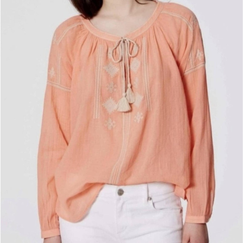 Ann Taylor The Loft Salmon Peasant Embroidered Tie Front Blouse SZ Small